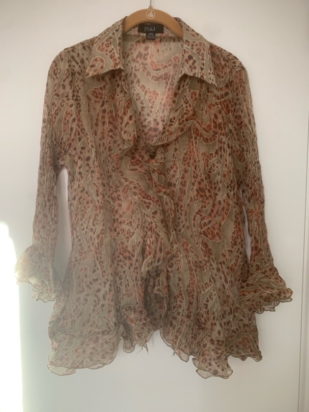 Puli Sheer Ruffle Blouse in Beige and Rust Animal Print